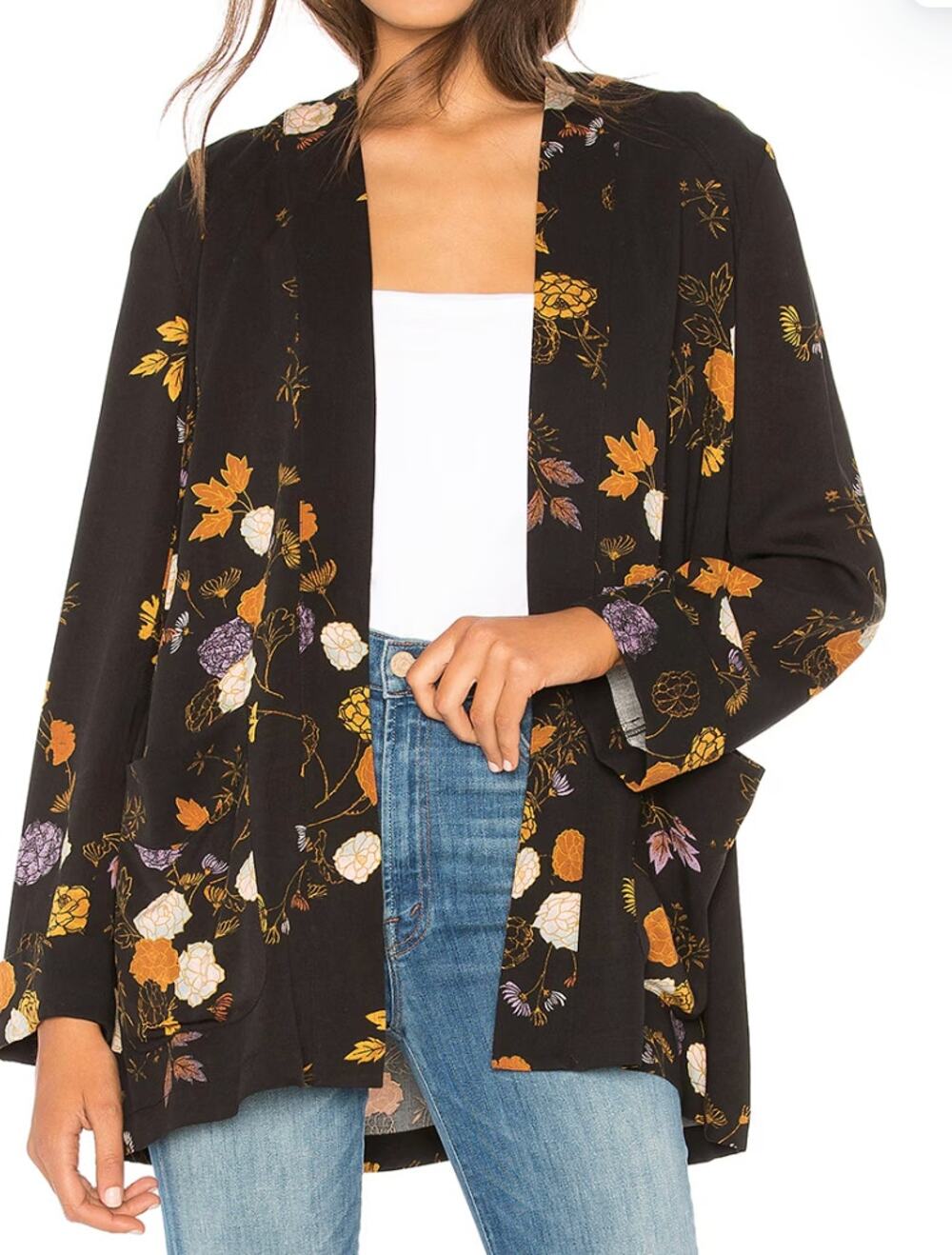 Free People Peony Floral Wrap Jacket Kimono Cardigan Midnight Black NO BELT M